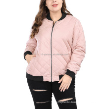 Pink Women's Plus Size Jacket Contrast Color Quilted Bomber Jacket